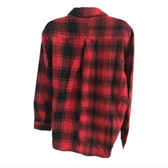 Red black plaid look rhinestone skull pocket button down shirt size large new - Picture 10 of 10